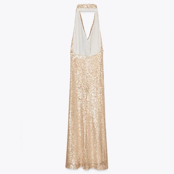 Zara NWT light pink & beige sequin halter top cowl neck formal maxi dress - Picture 13 of 15